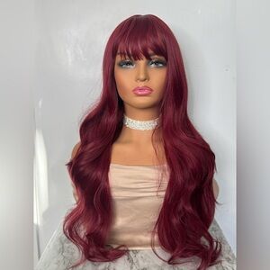 Deep Wine Red Long Wig with Bangs – Soft Wavy Synthetic Hair, Natural Look